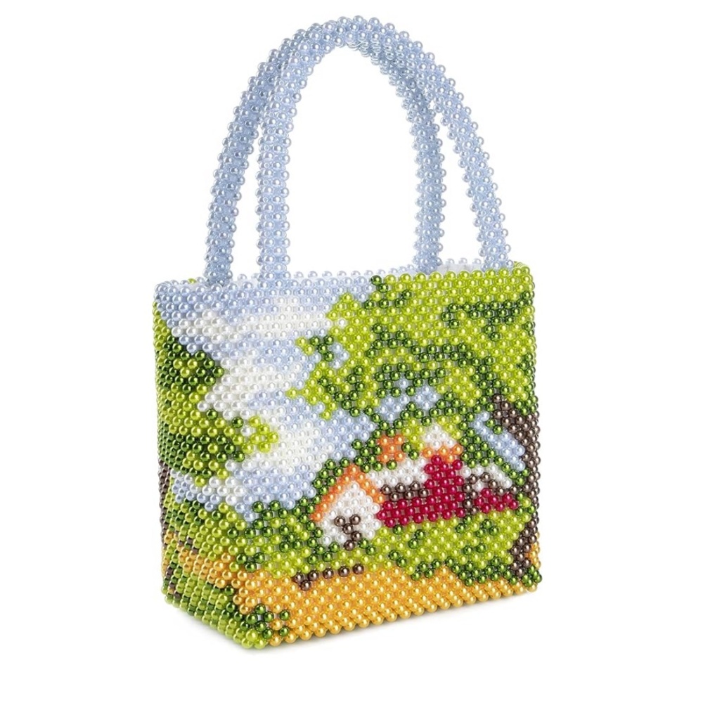Pearl Beaded Countryside Scenic Handbag NWOT Cottagecore Satin Lined Open Design